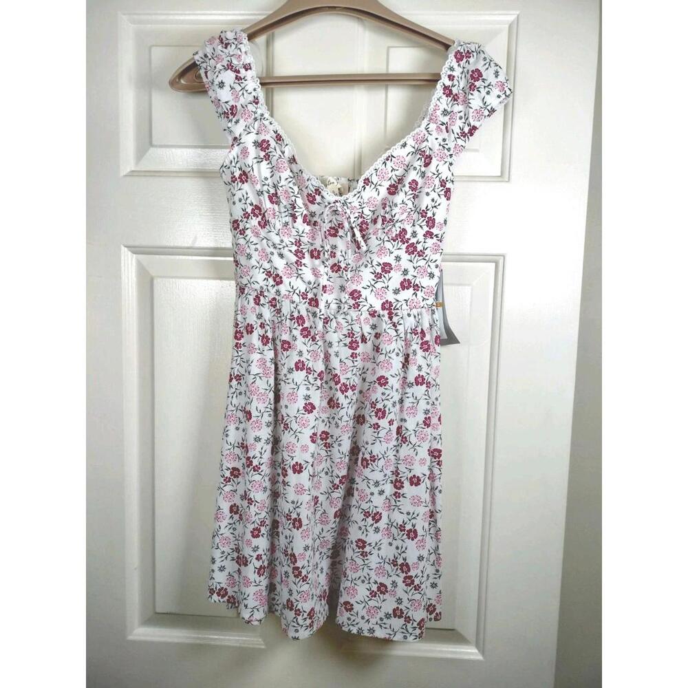 NWT‎ Floral Mini Dress Size S Ivory Wine Pink Cotton Smocked Back Boho Coquette